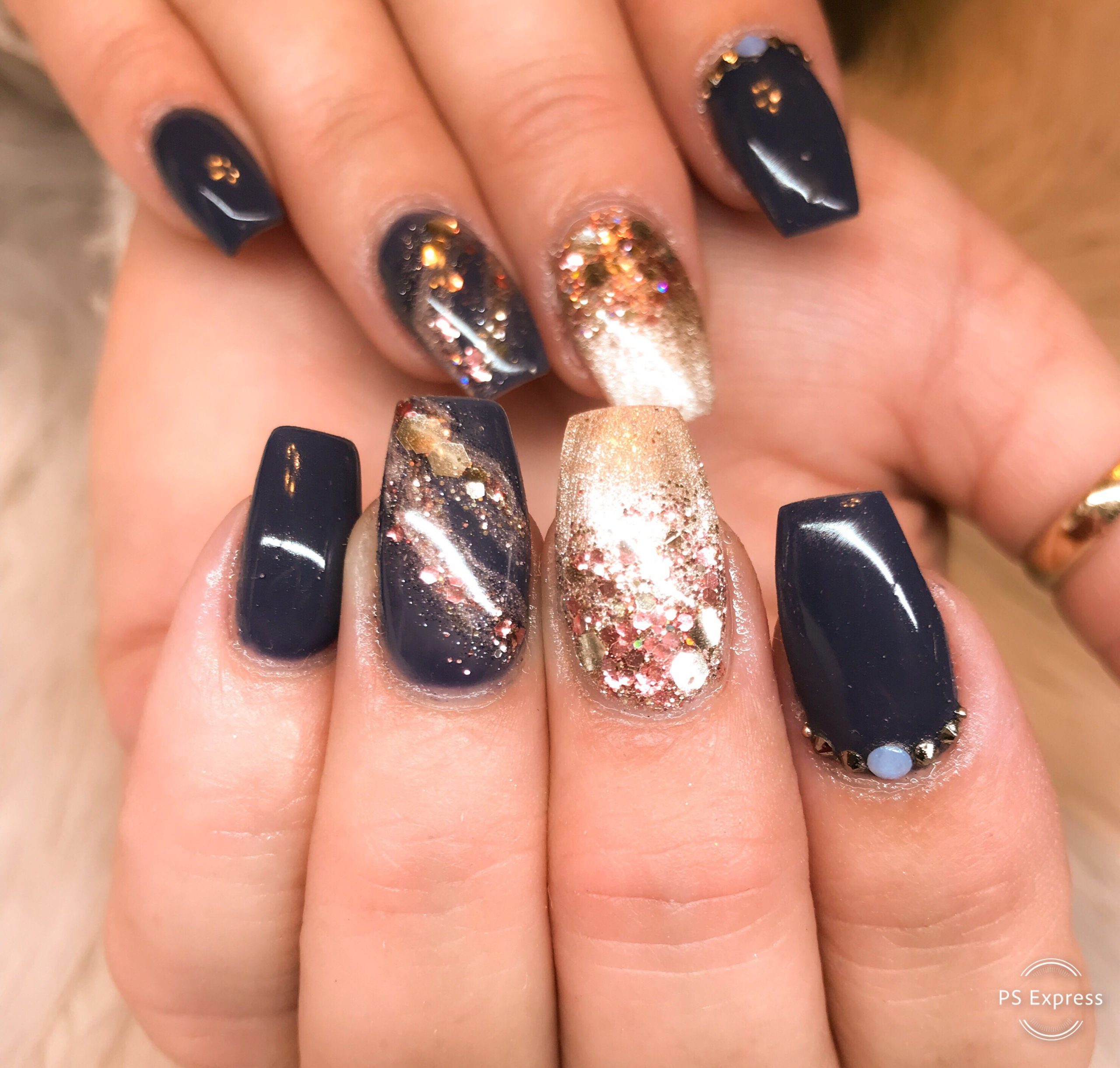 Midnight Glam Navy & Gold Glitter Coffin Press-On Nails