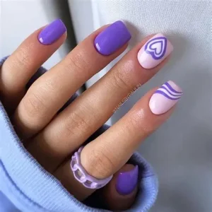 Purple Square Nails with Heart Accent Design