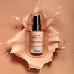 50ml face and body liquid foundation bottle with black pump, displayed on beige makeup splash background.